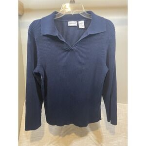 Vtg Fashion Bug Navy Blue Ribbed Knit VNeck Long Sleeve Collared Sweater Y2K 90s